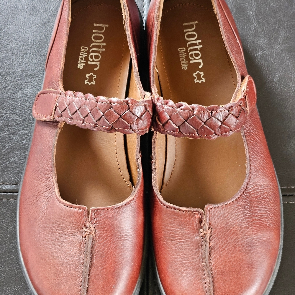 Hotter Ortholite Comfort Brown Leather Mary Jane Shoes Braided Strap Women's 8